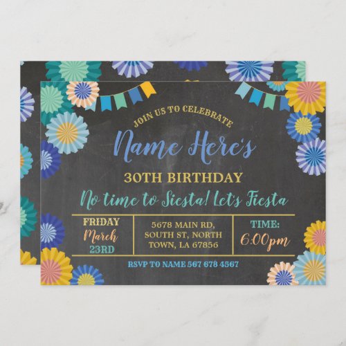 Fiesta Birthday Floral Mexican Fans Blue Flags Invitation