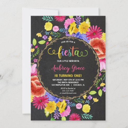 Fiesta birthday girl floral watercolors invitation