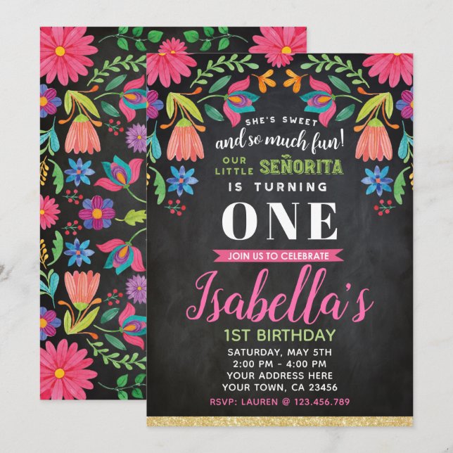 Fiesta Birthday Invitation, Chalkboard Invitation (Front/Back)