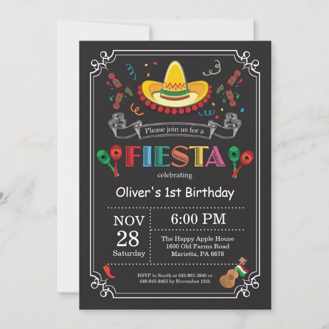 Fiesta Birthday Invitation Chalkboard Mexican (Front)