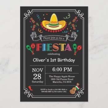 Fiesta Birthday Invitation Chalkboard Mexican by Happyappleshop at Zazzle