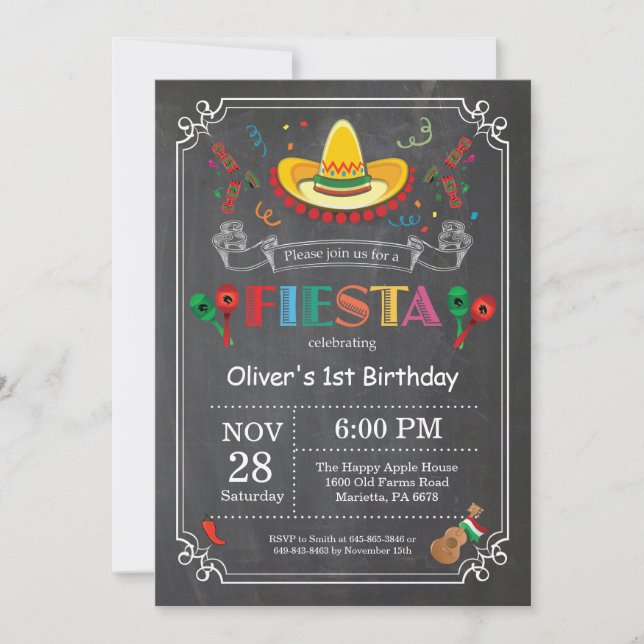 Fiesta Birthday Invitation Chalkboard Mexican (Front)