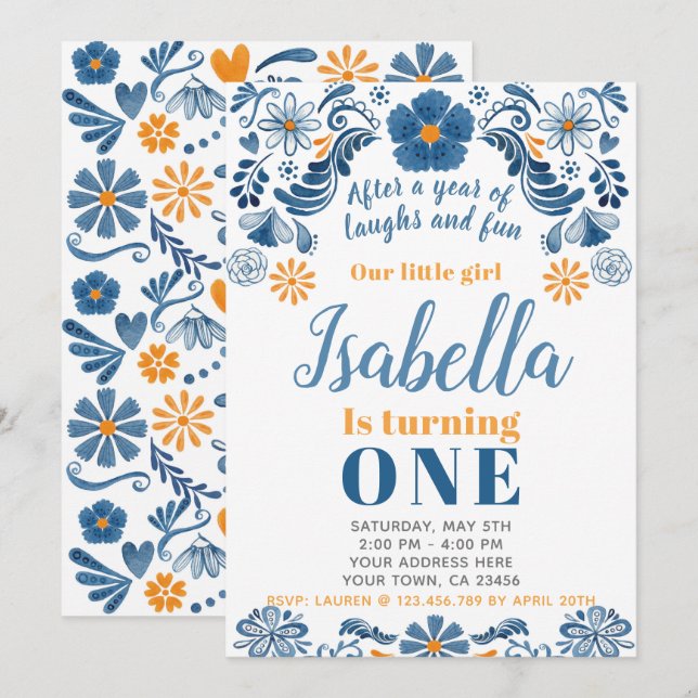 Fiesta Birthday Invitation, Floral Party Invite (Front/Back)