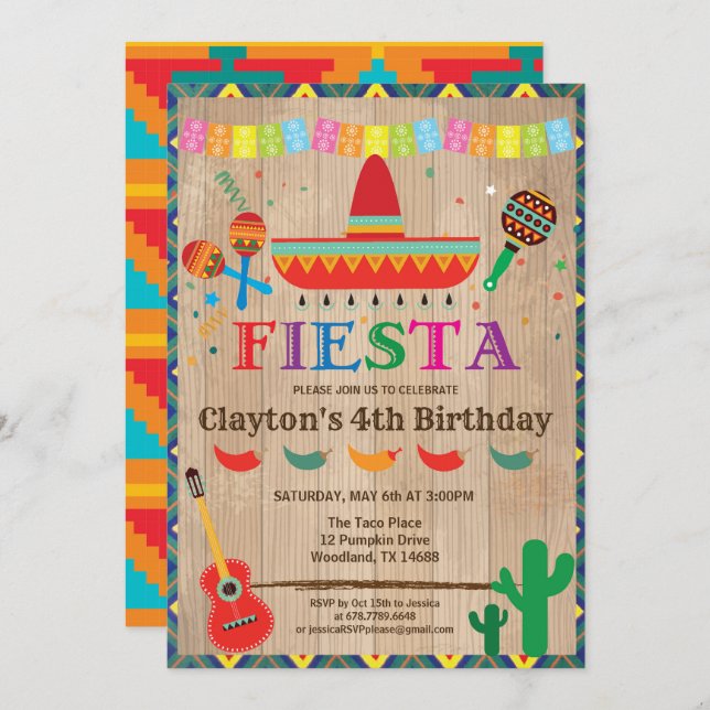 Fiesta birthday invitation for boy or kid. Rustic (Front/Back)