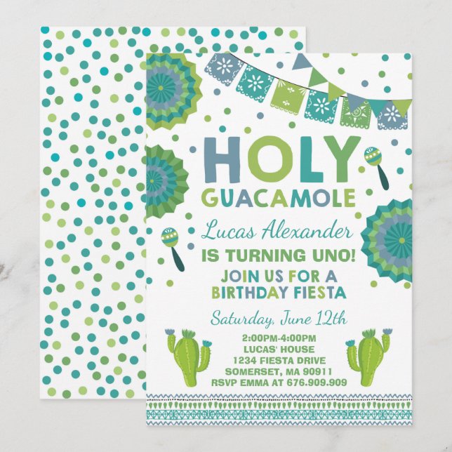 Fiesta Birthday Invitation Holy Guacamole Party (Front/Back)