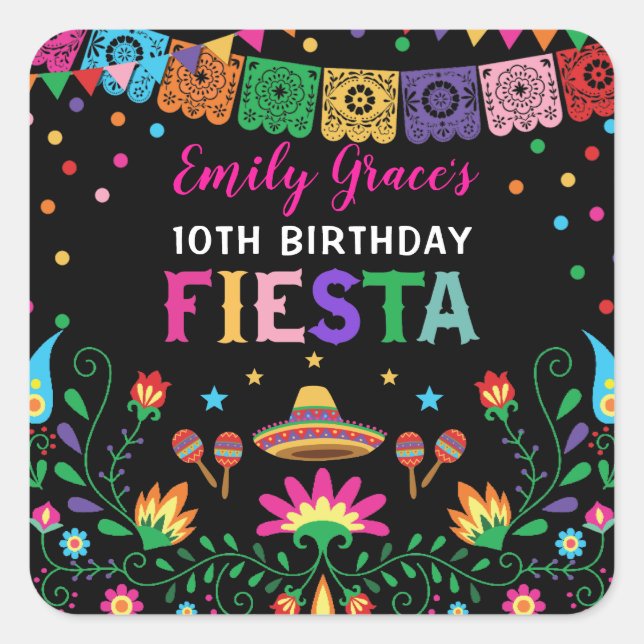 Fiesta Birthday Party Mexican Floral Pattern Square Sticker (Front)