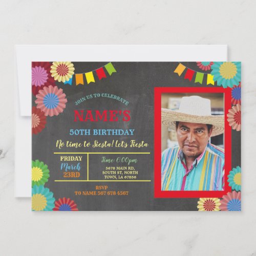 Fiesta Birthday Photo Mexican Pink Fans Red Blue Invitation