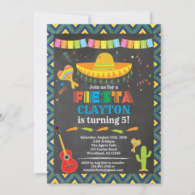 Fiesta birthday sombrero hat chalkboard invitation (Front)