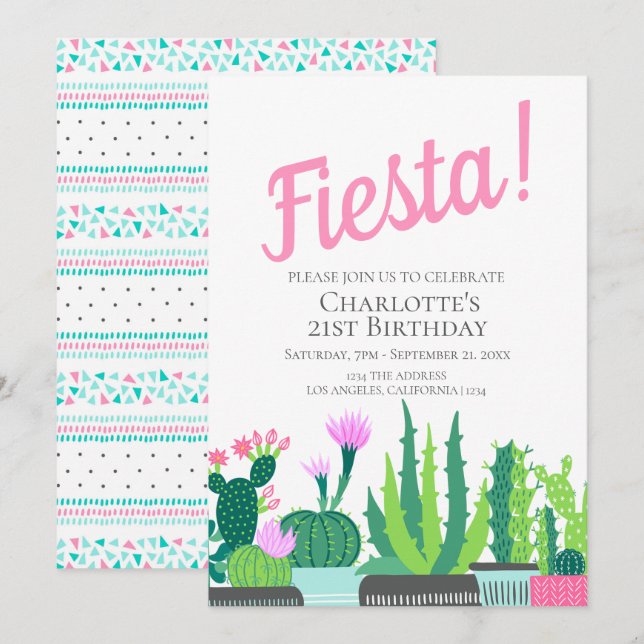 Fiesta Birthday succulent cactus wedding Invitation (Front/Back)