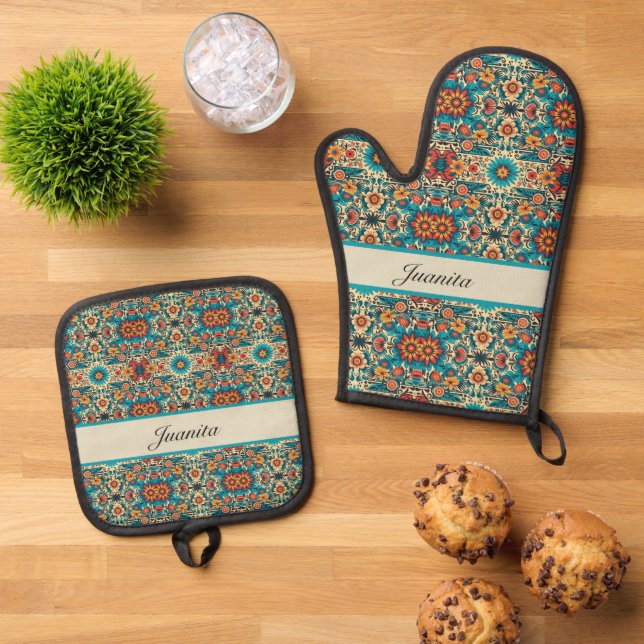Fiesta Blooms customizable Oven Mitt & Pot Holder Set (Top Down)