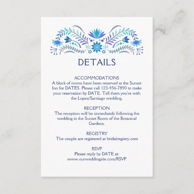 Fiesta Blue Wedding Details Enclosure Card (Front)