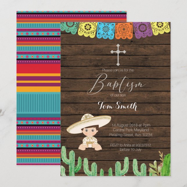 Fiesta Boy Baptism Christening Invitation card (Front/Back)