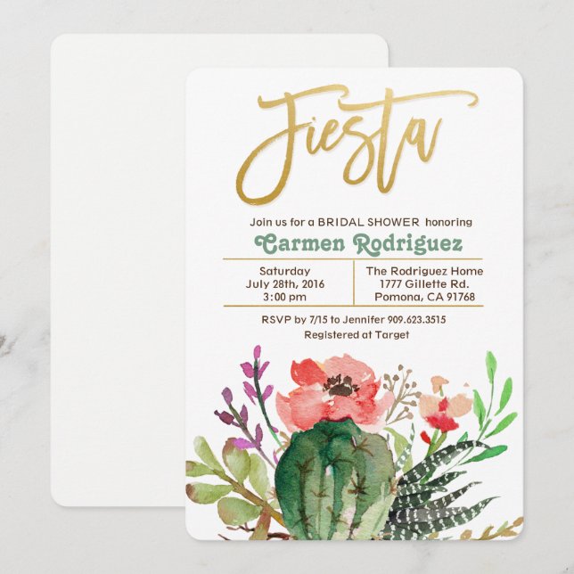Fiesta Bridal Shower Cactus Invitation (Front/Back)