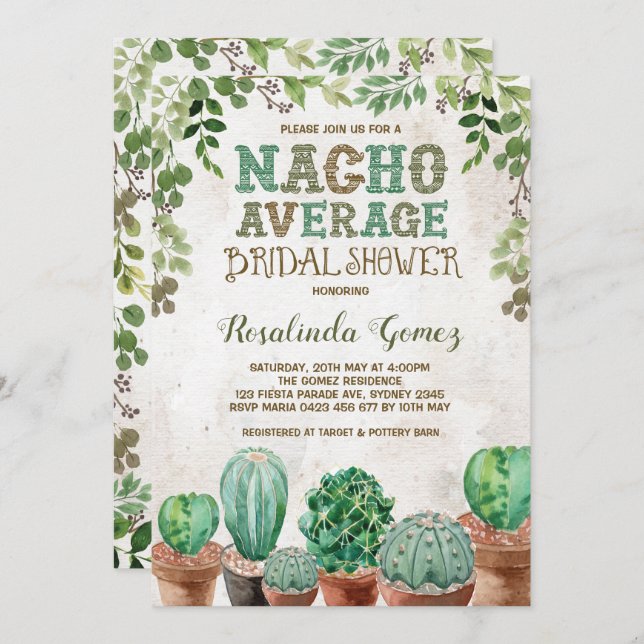 Fiesta Bridal Shower Cactus Succulent Invitation (Front/Back)