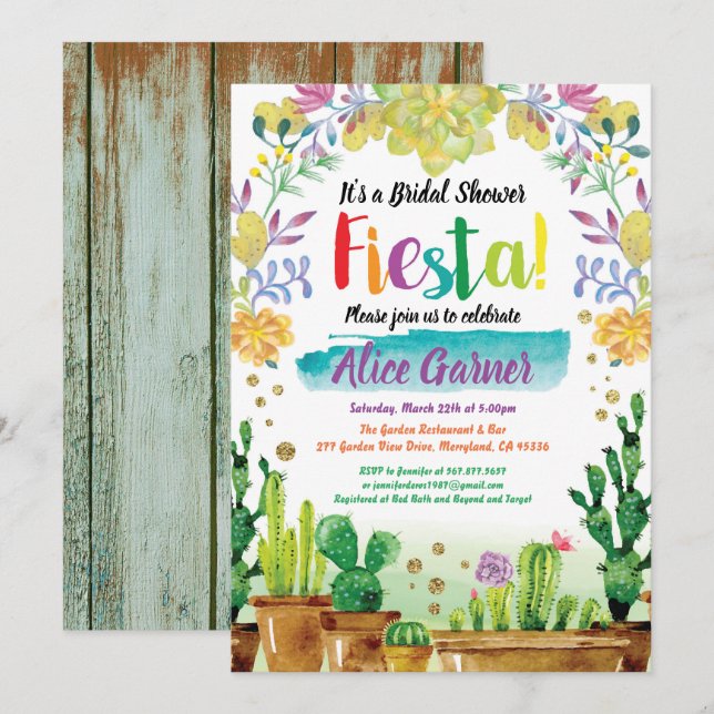 Fiesta bridal shower invitation with cactus (Front/Back)