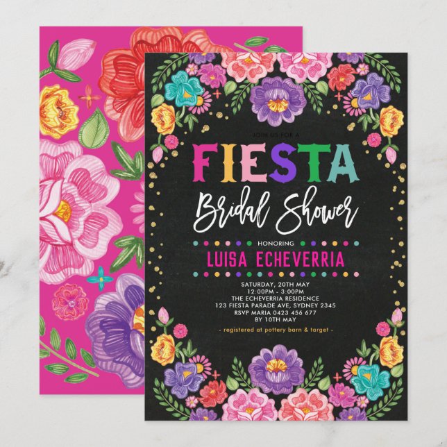 Fiesta Bridal Shower Mexican Flower Chalkboard Invitation (Front/Back)