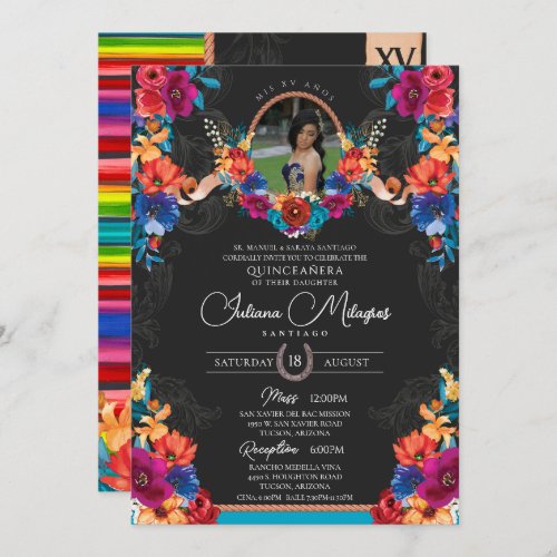 Fiesta Bright Floral and Serape Charro Quinceanera Invitation