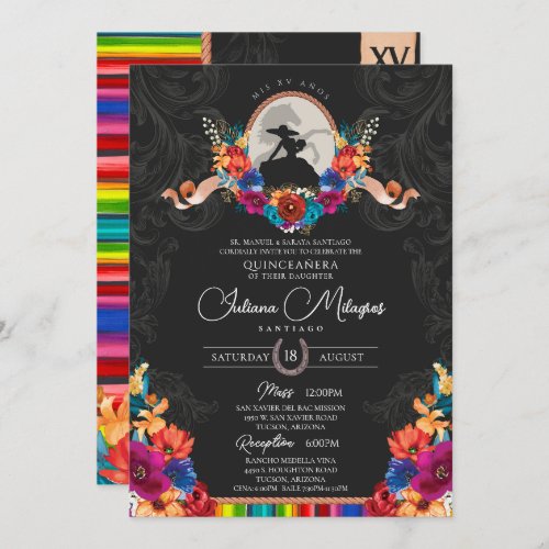 Fiesta Bright Folk Floral Charro Quinceanera Invitation