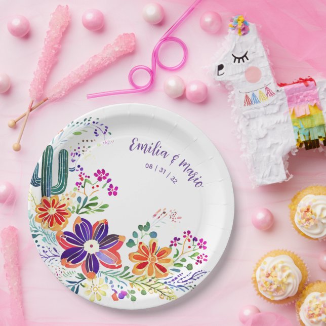 FIESTA Cacti Folkart Flowers Custom Paper Plates (Party)