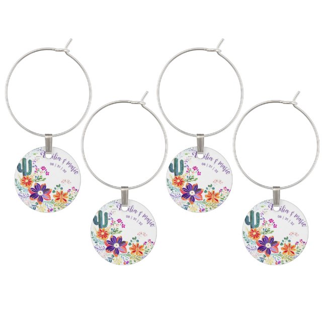 FIESTA Cacti Folkart Flowers Custom Wine Charm (Staggered)