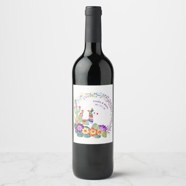 FIESTA Cacti Folkart Flowers Custom Wine Label (Front)