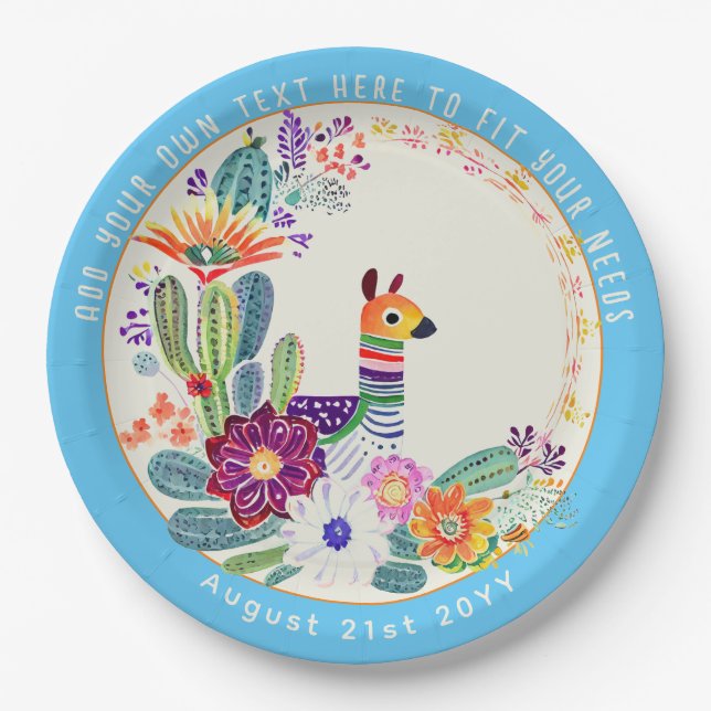 FIESTA Cacti Llama Folkart Flowers Blue Custom Paper Plates (Front)