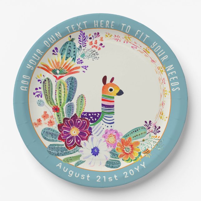 FIESTA Cacti Llama FolkFlowers Party Custom Paper Plates (Front)