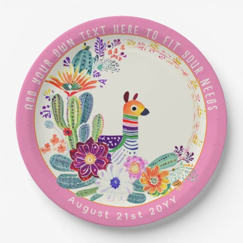 FIESTA Cacti Llama FolkFlowers Pink Custom Paper Plates