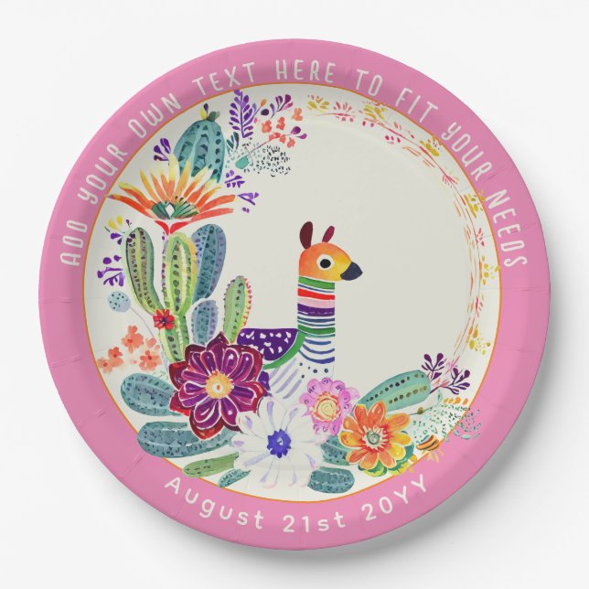 FIESTA Cacti Llama FolkFlowers Pink Custom Paper Plates (Front)