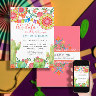 Fiesta Cactus Baby Shower Girl Paper Fan Floral Invitation