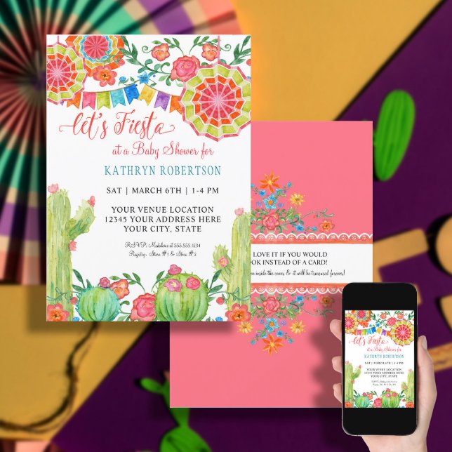 Fiesta Cactus Baby Shower Girl Paper Fan Floral Invitation