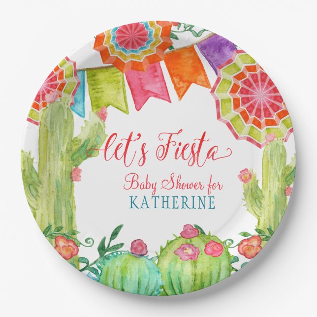 Fiesta Cactus Baby Shower Girl Paper Fan Pennant Plates (Front)