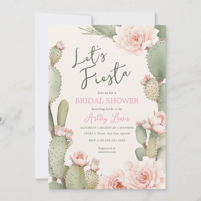 Fiesta Cactus Boho Bridal Shower Pink flowers Invitation (Front)