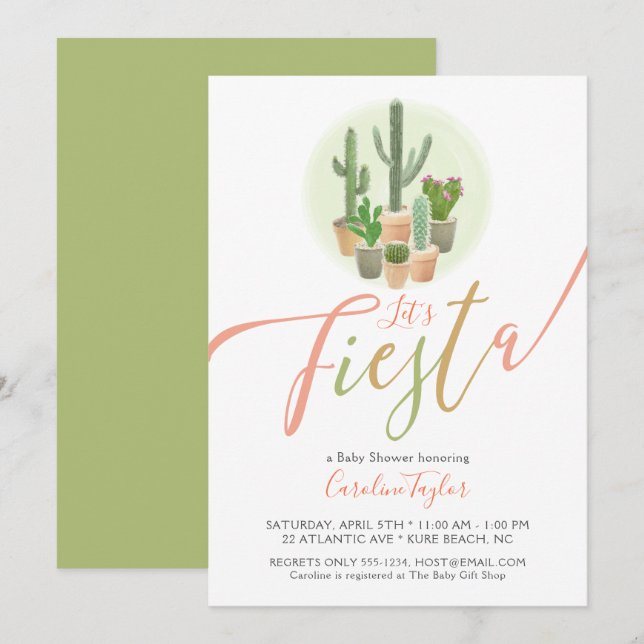 Fiesta Cactus Coral Sage Green Baby Shower Invitation (Front/Back)