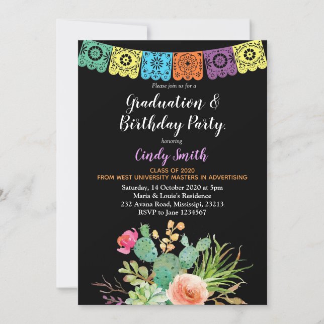 Fiesta cactus Graduation Party Invitation black (Front)