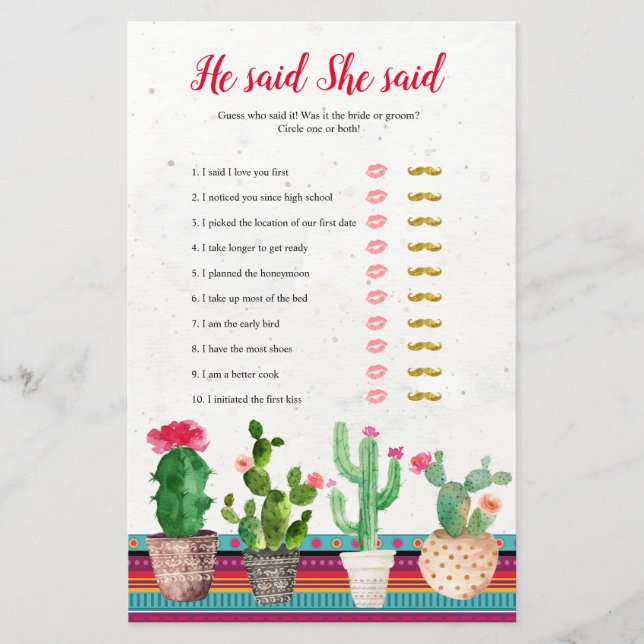 Fiesta cactus he said she said games card (Front)