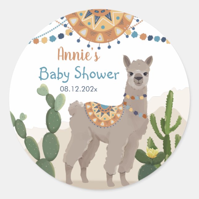 Fiesta Cactus Llama Baby Shower  Classic Round Sticker (Front)