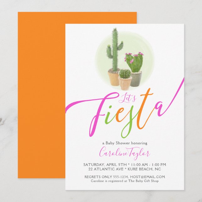 Fiesta Cactus Neon Pink Orange Baby Shower Invitation (Front/Back)