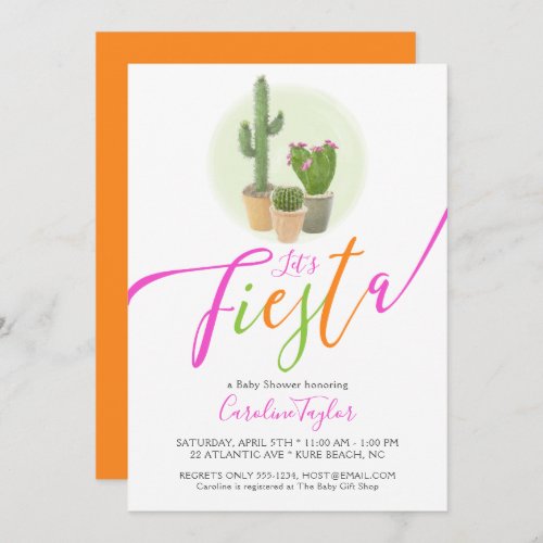 Fiesta Cactus Neon Pink Orange Baby Shower Invitation