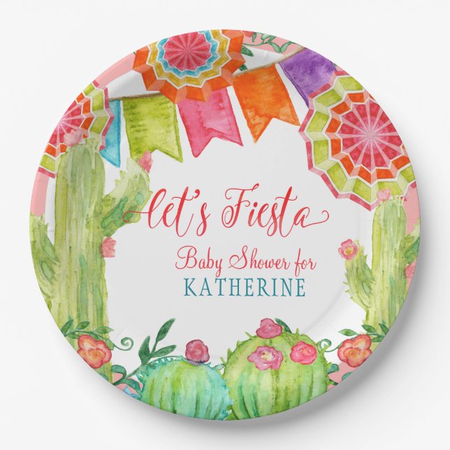 Fiesta Cactus Pink Baby Shower Girl Banner Pennant Paper Plates (Front)