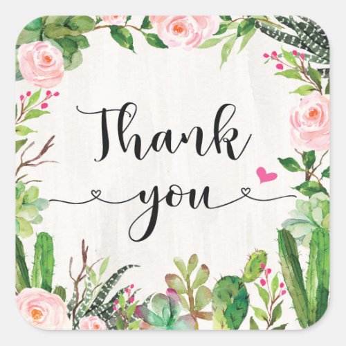 Fiesta Cactus Pink Floral Thank You Sticker Favors