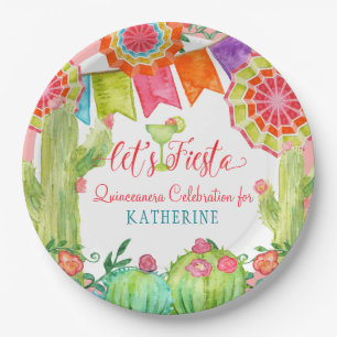 Fiesta Cactus Pink Quinceanera 15th Birthday Party Paper Plates