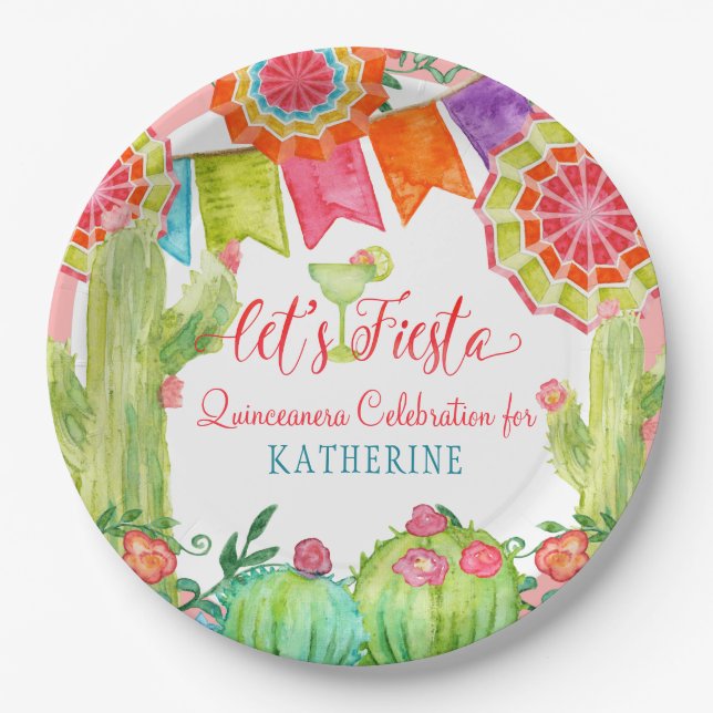 Fiesta Cactus Pink Quinceanera 15th Birthday Party Paper Plates (Front)