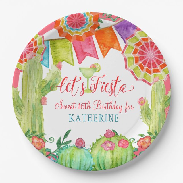 Fiesta Cactus Pink Sweet 16th Birthday Party Paper Plates (Front)