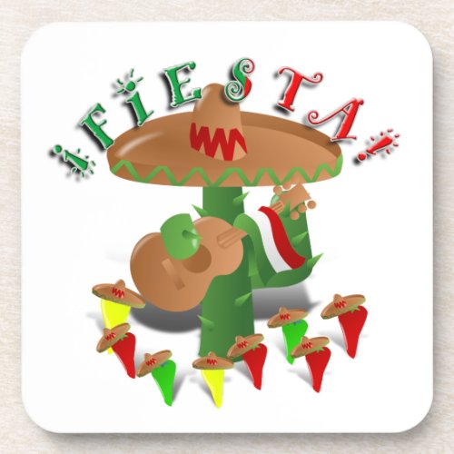 Fiesta Cactus wSombrero  Guitar Drink Coaster