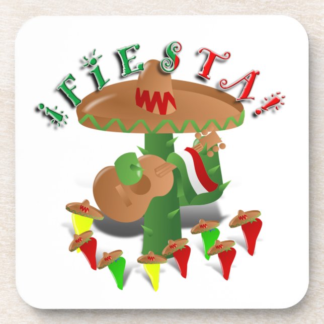 Fiesta Cactus w/Sombrero & Guitar Drink Coaster (Front)