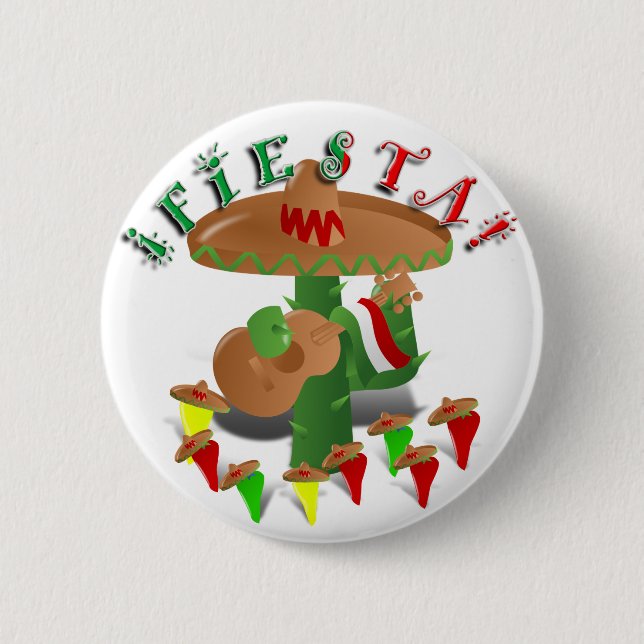 Fiesta Cactus w/Sombrero & Guitar Pinback Button (Front)
