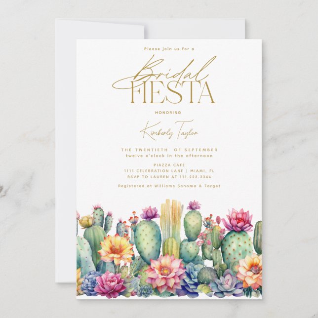 Fiesta Cactus Watercolor Floral Bridal Shower Invitation (Front)