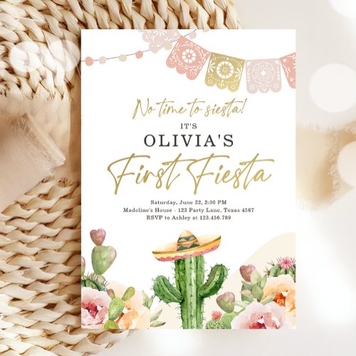 Fiesta Cactus Watercolor Girl First Birthday Invit Invitation