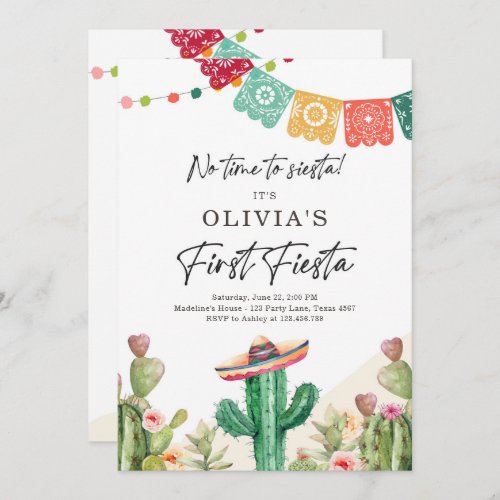Fiesta Cactus Watercolor Girl First Birthday Invitation